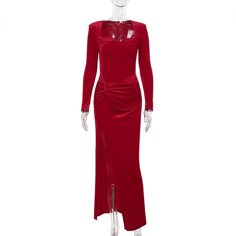 Elegant long sleeved velvet slit dress for women
