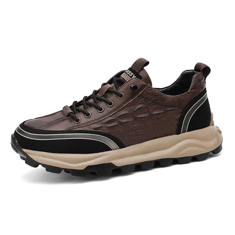 Men's shoes, autumn anti slip black labor protection shoes, work leather shoes, crocodile pattern thick soles, sports and leisure running shoes - Fashionner