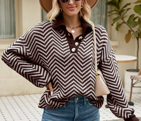 Fashionable striped knit sweater for women with long sleeved color matching lapel sweater for women - Fashionner
