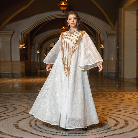 Festival Evening Dress Arabic Dubai Mesh Embroidered Sequins Robe Middle East - Fashionner