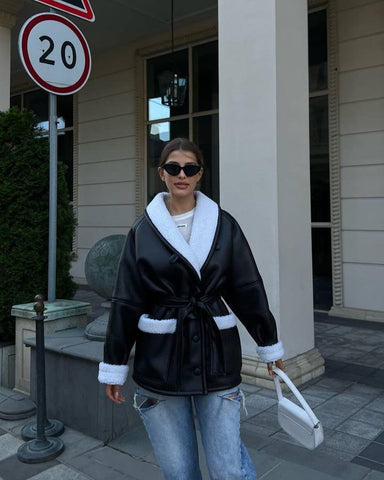 Leather And Fur Korean Style Long Sleeve Splicing Coat Women - Fashionner