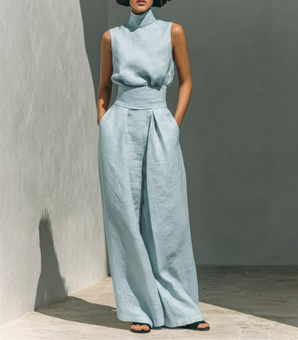 Casual Sleeveless Suit Summer Stand-up Collar Pullover Top And Loose Straight-leg Trousers Women's Clothing