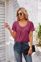 Women's Short-sleeved T-shirt Summer Button Square Collar Pleated Design Solid Color Loose T-shirt Womens Clothing - Fashionner