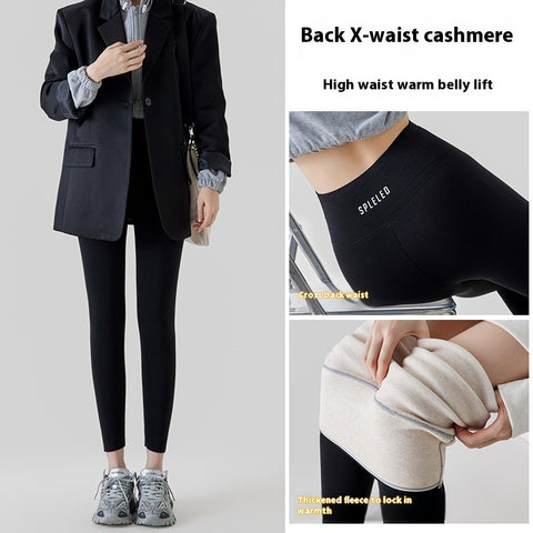 Legging Cachemire Taille Haute Hiver Chaud Uni Peluche Pantalon Mode Slim Vêtements Femme