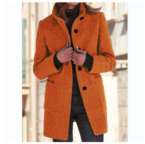 Buy Fashion Stand Collar Woolen Coat With Pockets Fall Winter Casual Button Outwear For Women Clothing online at Fashionner.