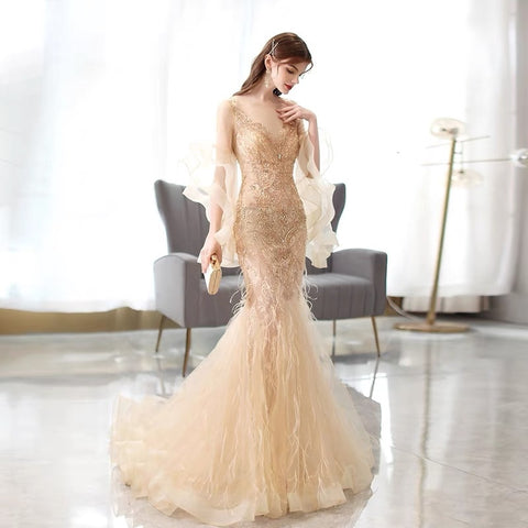 Robe de soirée sirène dorée pour femme