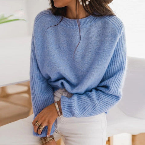 Pull en maille ras du cou à manches longues en velours côtelé bleu lait européen pour femme - Vêtements décontractés tricotés à la mode - Haut tricoté - Vêtement d'extérieur