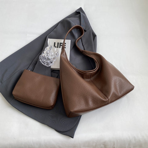 2Pcs Handbags Large Capacity Bag Women Underarm Korean Style Soft Pu Leather Shopping Shouder Bags With Small Wallet - Fashionner