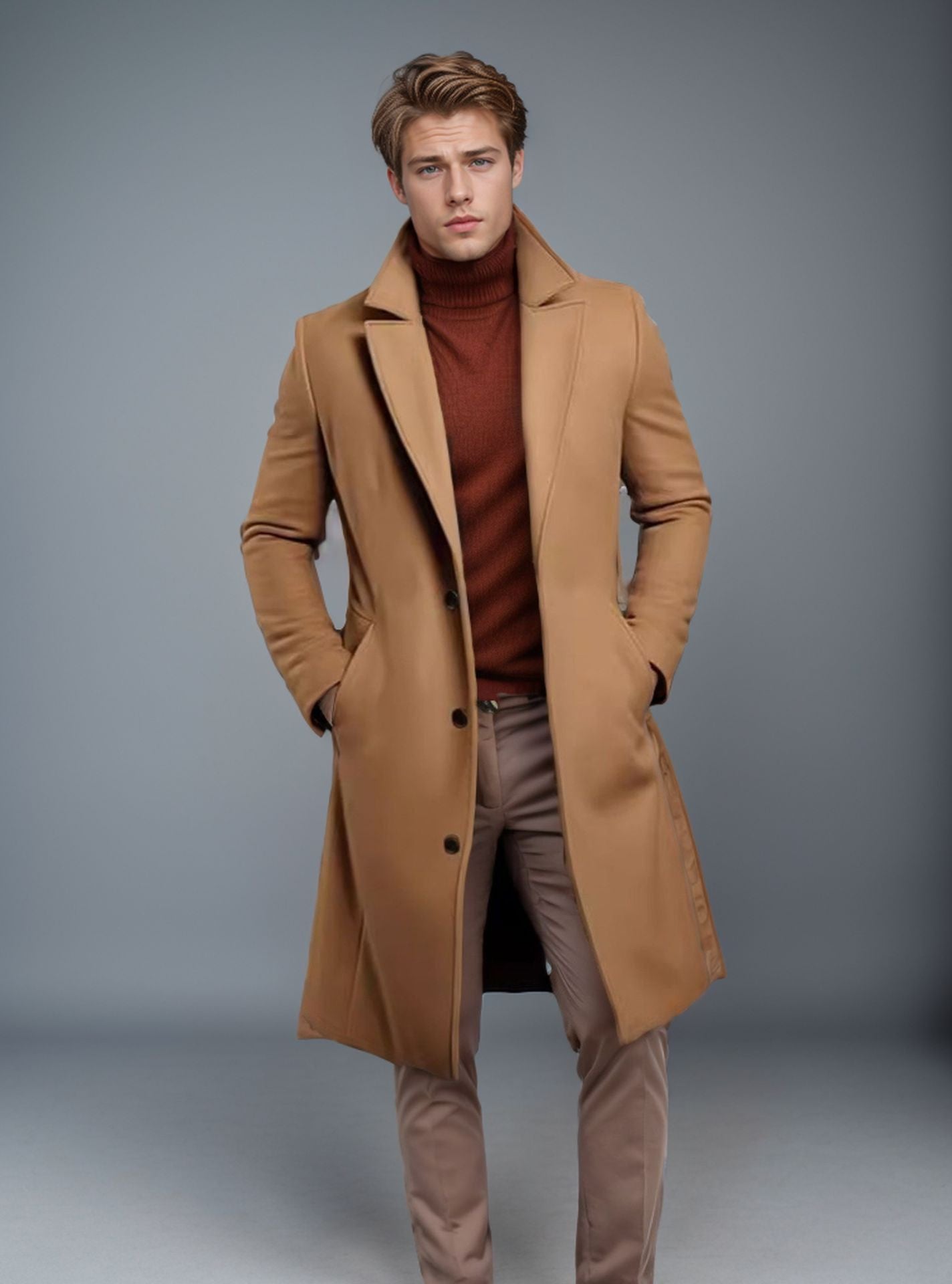 Buy Men'S Mid-Length Trench Coat Fall Winter Slim Pockets Single-Breasted Collar Jacket Casual Business Comfortable Overcoat Clothing online at Fashionner.