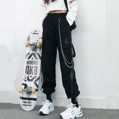 Pantalon cargo femme, pantalon sarouel, mode punk, poches, jogger