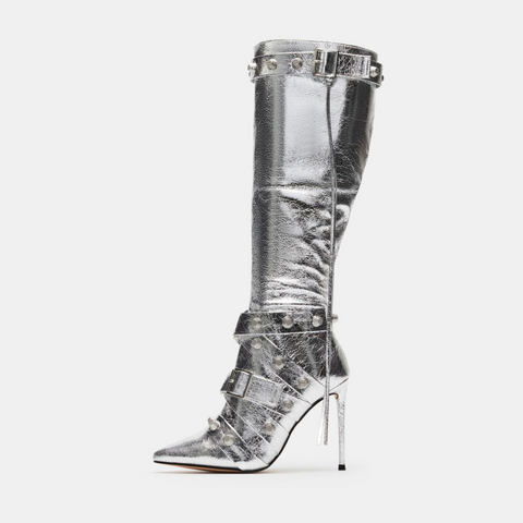 Metal Leathern Pointed Stiletto Heel High Leg Boot Rivet - Fashionner
