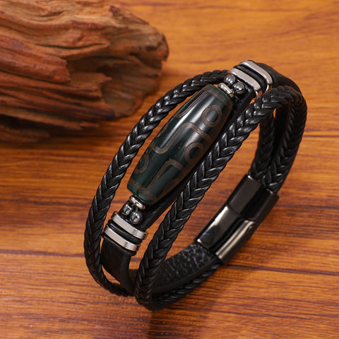 Buy Hand-Woven Men'S Leather Bracelet With Stainless Steel Nine-Eyed Dzi Beads online at Fashionner.