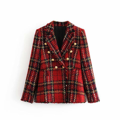 Blazer en laine à carreaux boutonné pour femme