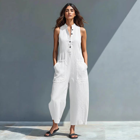 Buy Summer Sleeveless Jumpsuit With Pockets Fashion Casual V-Neck Buttons Trousers Women'S Overall Pants online at Fashionner.