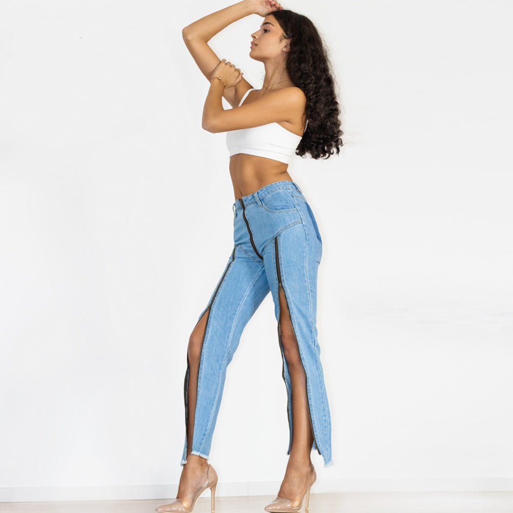 Shascullfites Women Split Straight Jeans Women Club Dancing Pants Light Blue Denim Pants Slim Fit Zipper Jeans - Fashionner