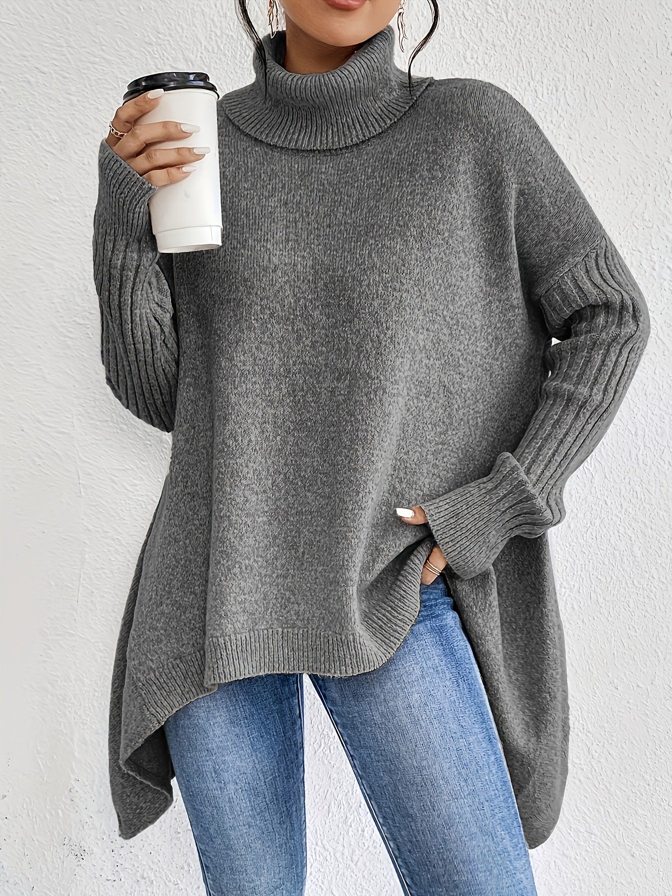 Buy Irregular Turtleneck Sweater Winter Loose Long Sleeve Knitted Tops Leisure Warm Pullover Sweater Women'S Clothing online at Fashionner.