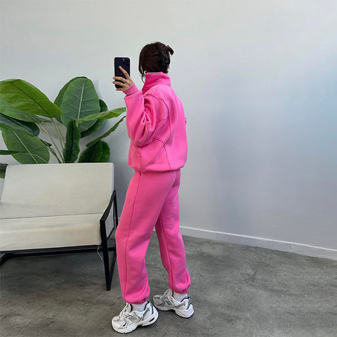 Survêtements de sport pour femme avec poches, veste zippée à col montant et pantalon à cordon de serrage, ensemble de jogging mode