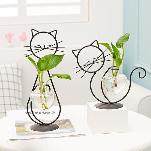 Vase Hydroponique Simple en Fer pour Fleurs avec Chat