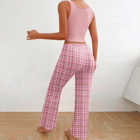 Ensemble pyjama décontracté printemps-été pour femme, gilet assorti, pantalon à carreaux, haut imprimé lettre, 2 pièces, vêtements de nuit pour femme