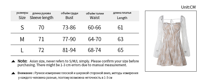 Lace Square Collar Dress Bell-bottom Long Sleeve Tied A- Line Dresses Womens Clothing - Fashionner