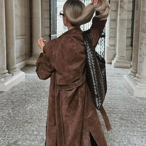 Manteau long à revers croisés avec ceinture, en suède, style vintage, vêtements d'extérieur d'hiver pour femmes