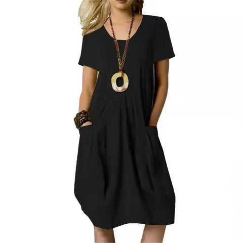 Women's Dress With Pockets Cotton Linen Solid Color Loose Round Neck Short Sleeve Dress Summer - Fashionner