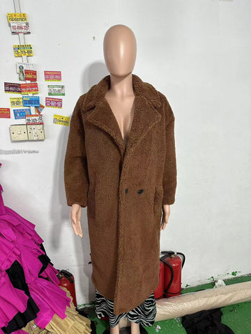 Manteau en Polaire d'Agneau à Revers avec Poches, Manteau en Fausse Fourrure Hiver Chaud Épais Long Coupe-vent Vêtements pour Femmes
