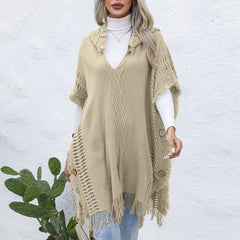 Women's casual loose V-necktie hat pullover medium length sweater vest cape top jacket - Fashionner