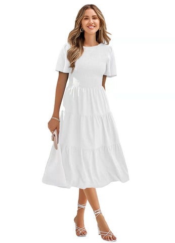 Robe décontractée à col rond pour femme, manches courtes smockées, coupe trapèze, ourlet volanté, mini-robe de plage d'été.