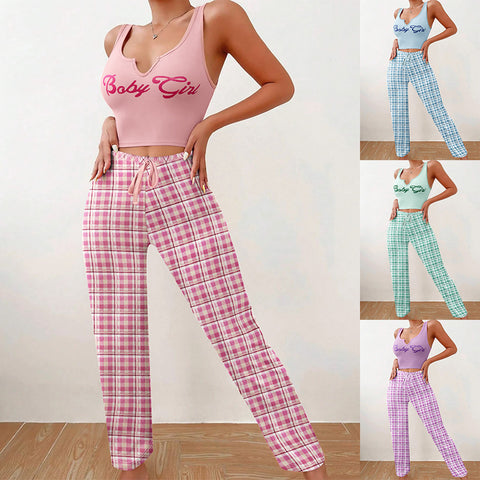 Ensemble pyjama décontracté printemps-été pour femme, gilet assorti, pantalon à carreaux, haut imprimé lettre, 2 pièces, vêtements de nuit pour femme