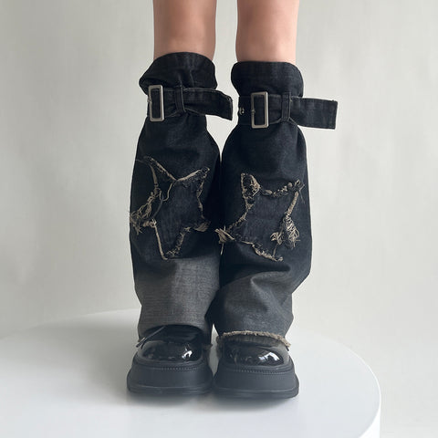 Hot Girl Design Denim Washed Horn Leg Warmer Foot Sock Slimming - Fashionner