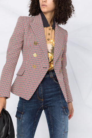 Veste courte pied-de-poule pour femme, blazer croisé à manches longues