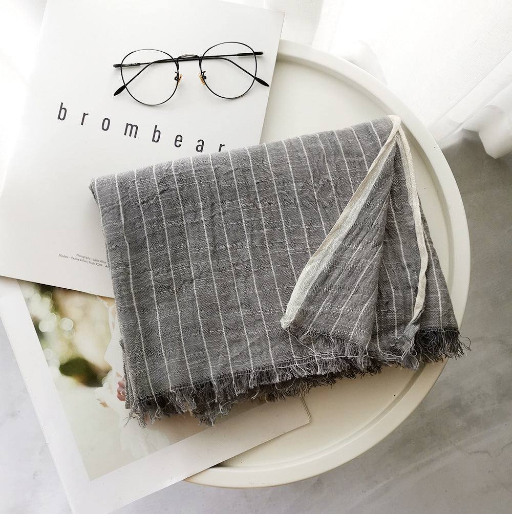 Autumn And Winter Striped Cotton And Linen Pleated Scarf Shawl - Fashionner