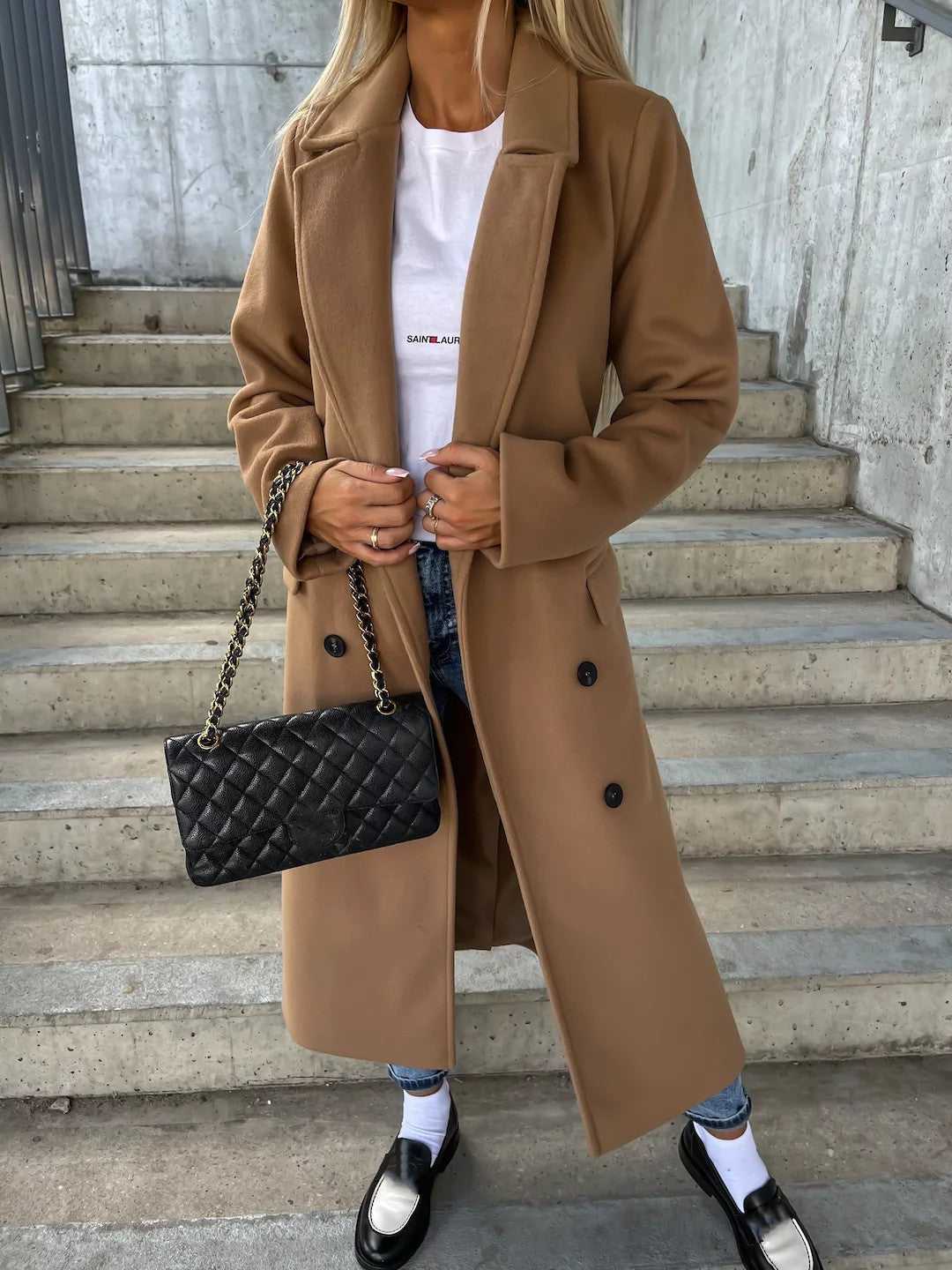 Buy Double-Breasted Lapel Split Jacket With Belt Winter Fashion Casual Long Sleeve Button Daily Coats For Women Clothing online at Fashionner.