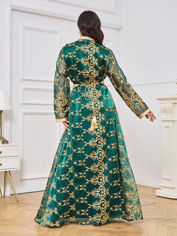 Muslim robe women's embroidered long cardigan two-piece set temperament dress - Fashionner