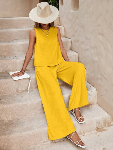 Ensemble pantalon uni décontracté et ample pour femmes, costume deux pièces élégant pour le printemps et l'été, ensemble pantalon complet, tenue féminine