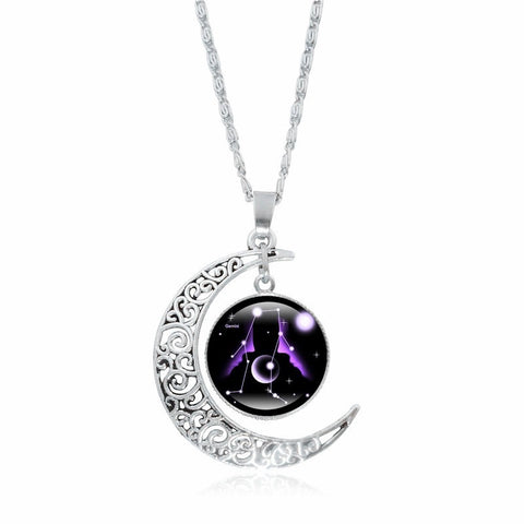 Zodiac Time Gem Luminous Necklace For Women, Simple Silver Moon Pendant Choker