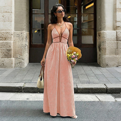 Buy Women'S Striped Strappy Dresses Fashion Summer V-Neck Maxi Dress Party Beach Evening Dress Women'S Clothing online at Fashionner.