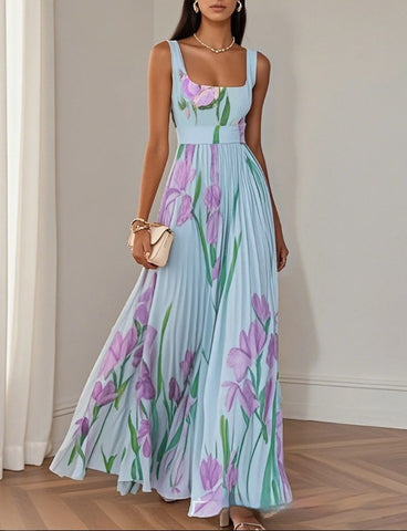 Floral Print Pleated Dress Summer A-Line Sleeveless Midi Dresses Women'S Clothing