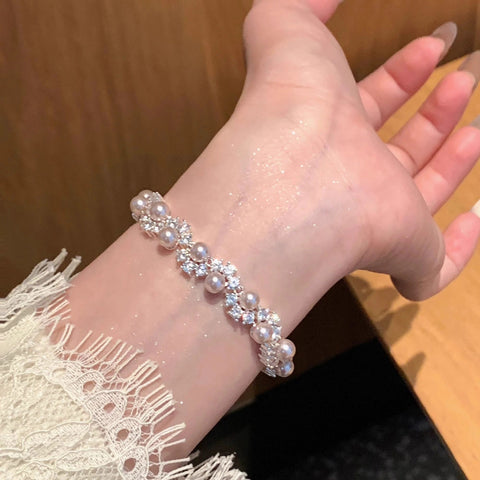 Buy Exquisite French-Style Sparkling Diamond And Pearl Bracelet For Women online at Fashionner.