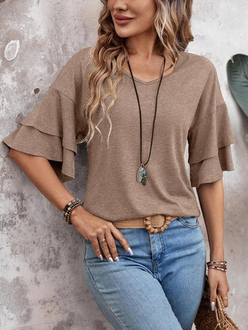 T-shirt ample à col en V et manches volantées, couleur unie, haut mi-manches, vêtements pour femmes