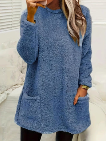 Sweat-shirt pull polaire long pour femmes avec poches Hiver chaud Épaissir Sweatershirt Décontracté Manches longues Peluche Hauts Manteau à capuche Streetwear Tenues amples d'automne Hauts à capuche