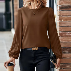 Women's Long-sleeved Shirt Round Neck Retro Solid Color - Fashionner