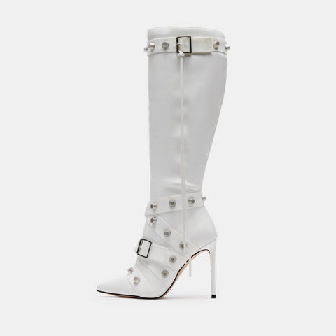 Metal Leathern Pointed Stiletto Heel High Leg Boot Rivet - Fashionner