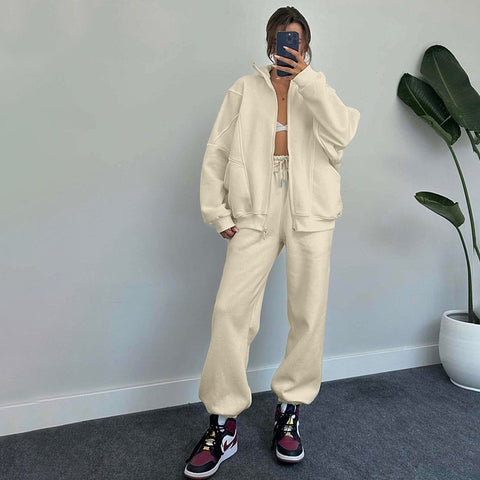 Survêtements de sport pour femme avec poches, veste zippée à col montant et pantalon à cordon de serrage, ensemble de jogging mode