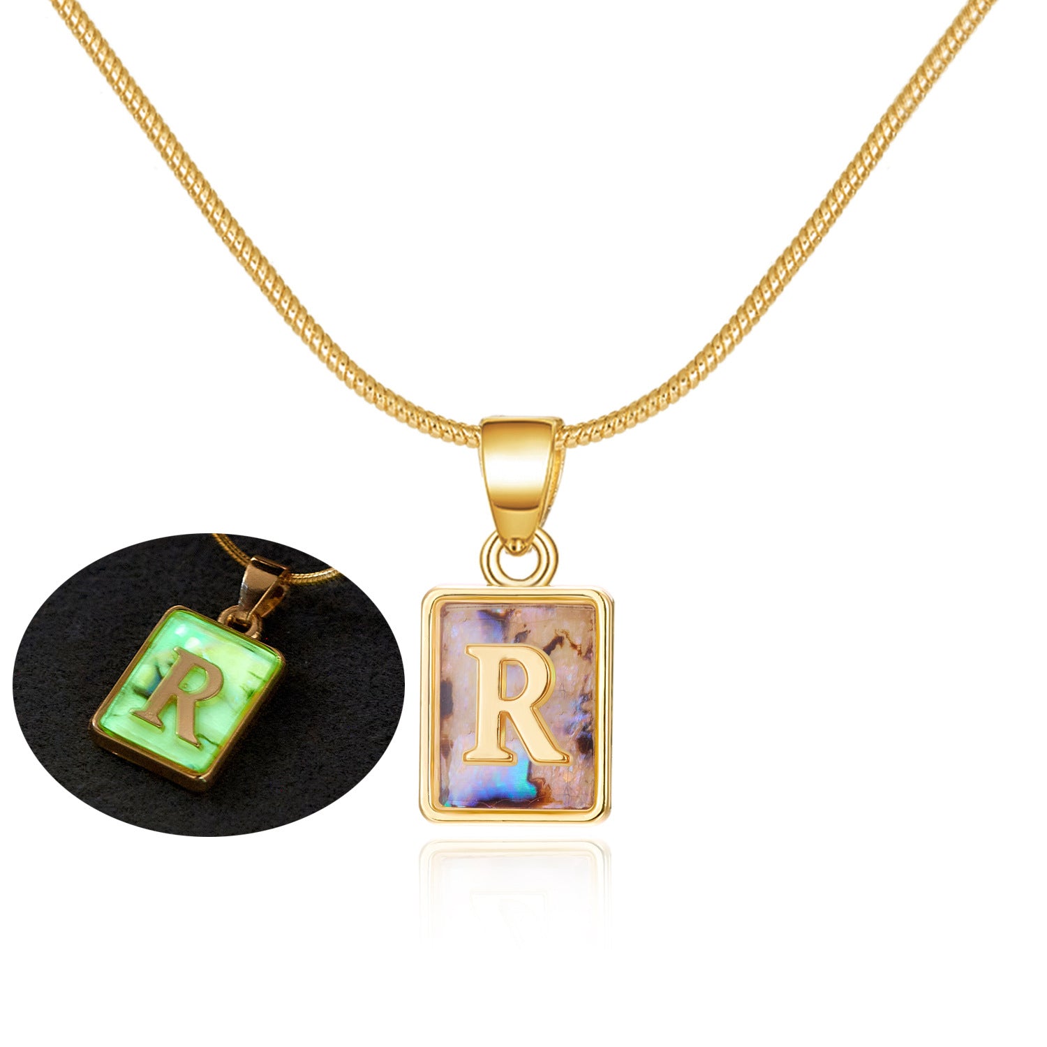 26 Letter Square Necklace Colorful Shell Luminous Pendant Chain Necklace For Women Temperament Ladies Jewelry - Fashionner