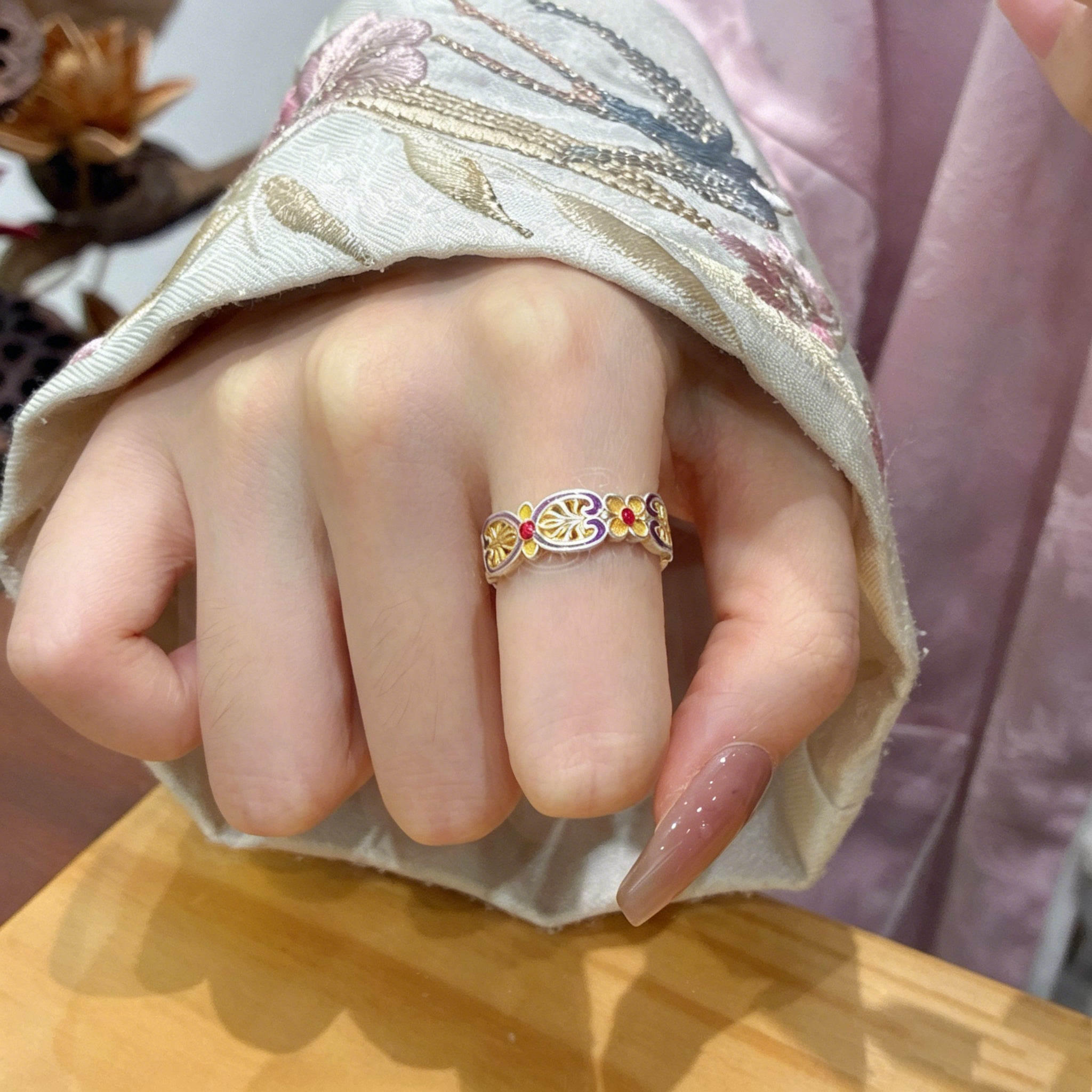 Buy 1Pcs 999.9 Sterling Silver Filigree Enamel Ruyi Ring, Traditional Chinese Style, Perfect For Special Occasions & Collectors online at Fashionner.
