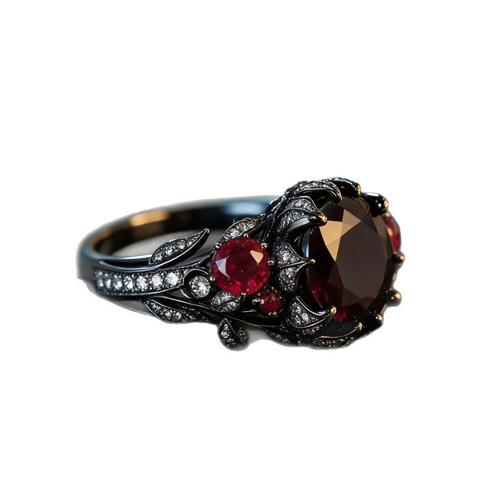Buy Ruby-Red Vintage Floral And Leaf Ring Dark-Themed Style online at Fashionner.