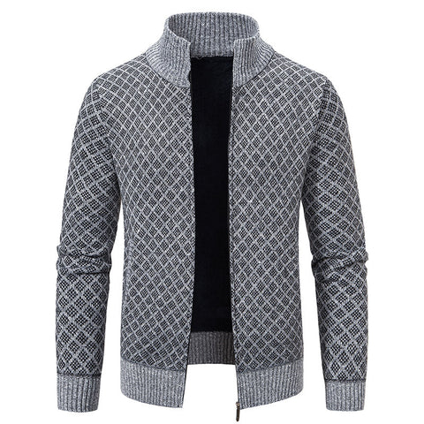 Thickened Plaid Print Jacket Cardigan Fashion Slim Fit Zipper Stand Collar Sweater Winter Men's Casual Long Sleeve Knitted Top Clothing