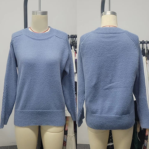 Pull en maille ras du cou à manches longues en velours côtelé bleu lait européen pour femme - Vêtements décontractés tricotés à la mode - Haut tricoté - Vêtement d'extérieur